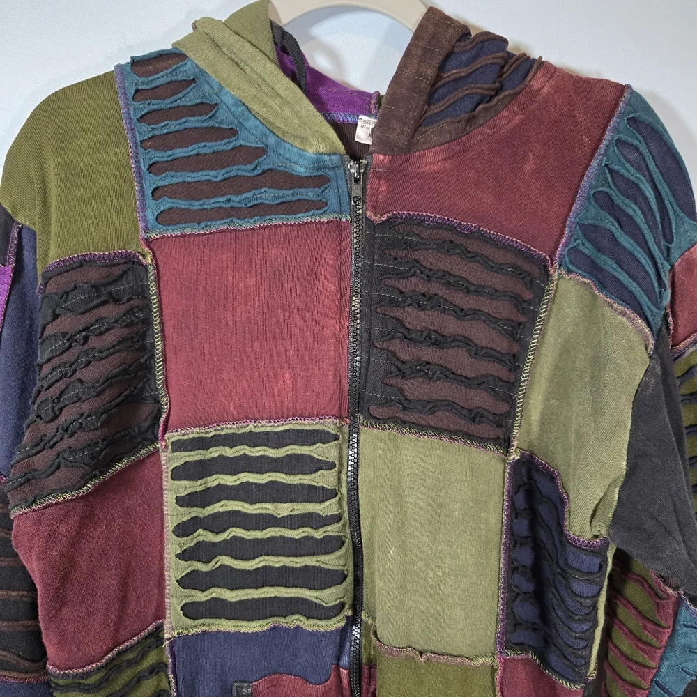 Bohemian Patchwork Zip Hoodie Jacket Made in‎ Nepal 100% Cotton XL